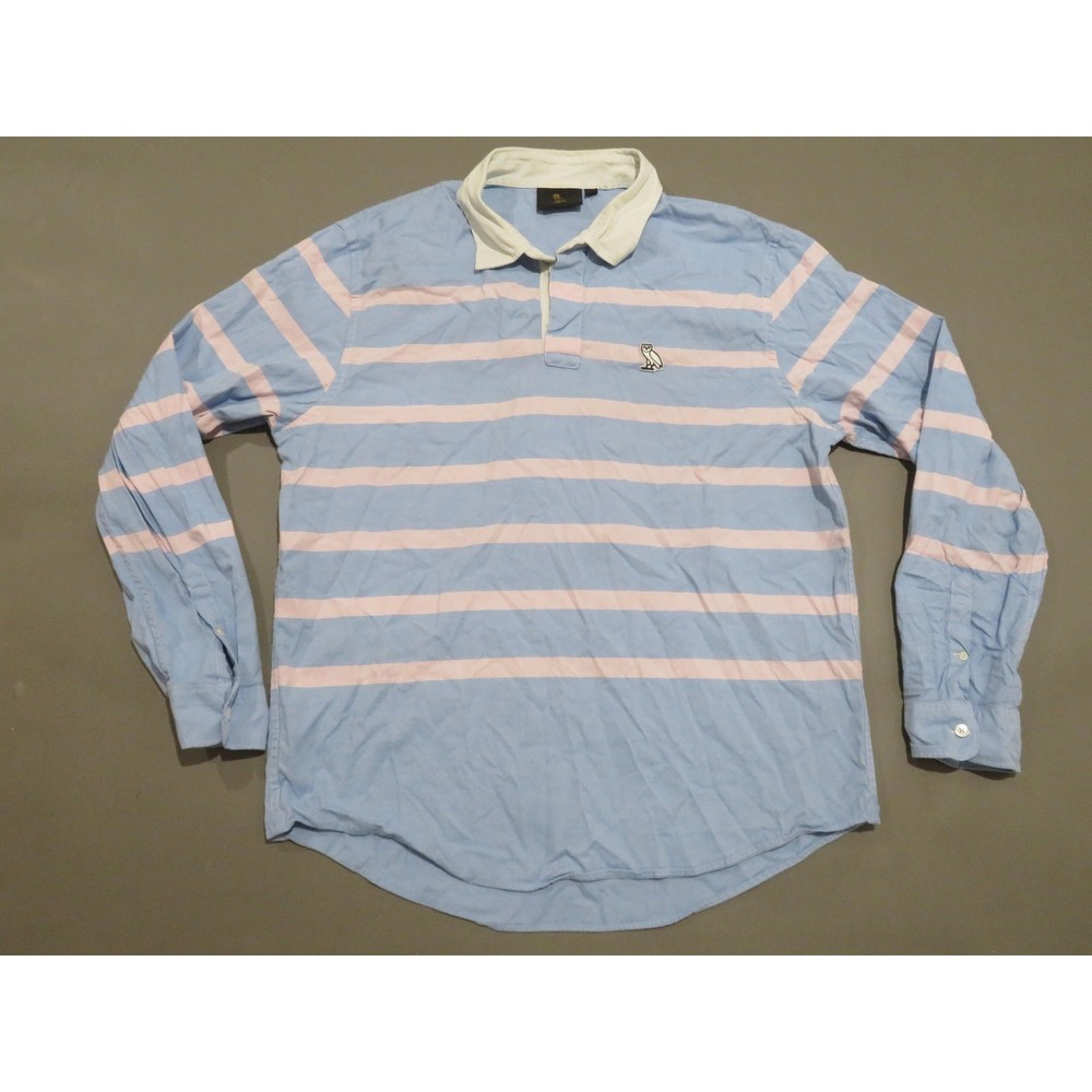 October's Very Own OVO Shirt Mens 2XL Blue Pink Stripe Rugby White Collar Owl
